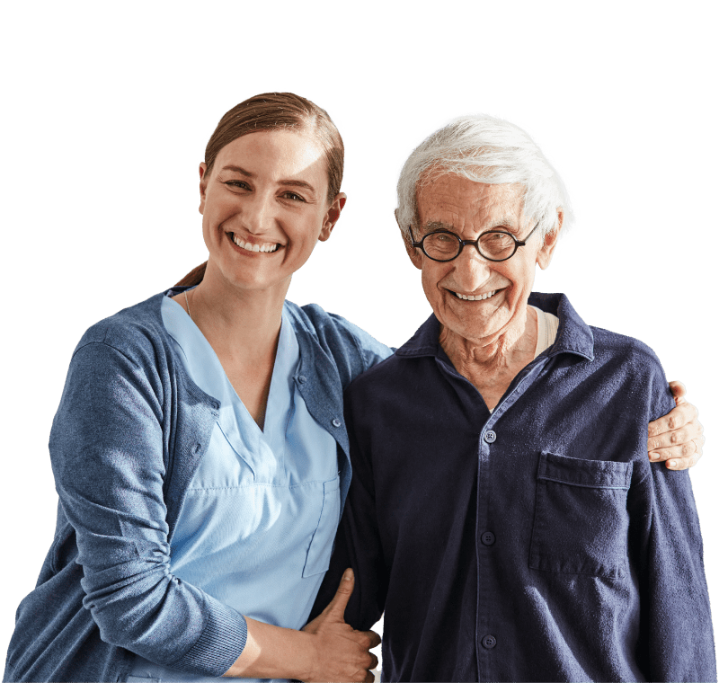 Skilled nursing patient standing with smiling nurse.