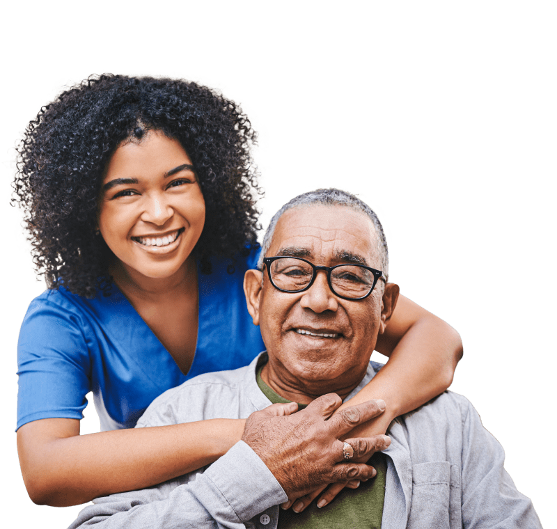 Nurse providing care and comfort to a patient at a skilled nursing facility.