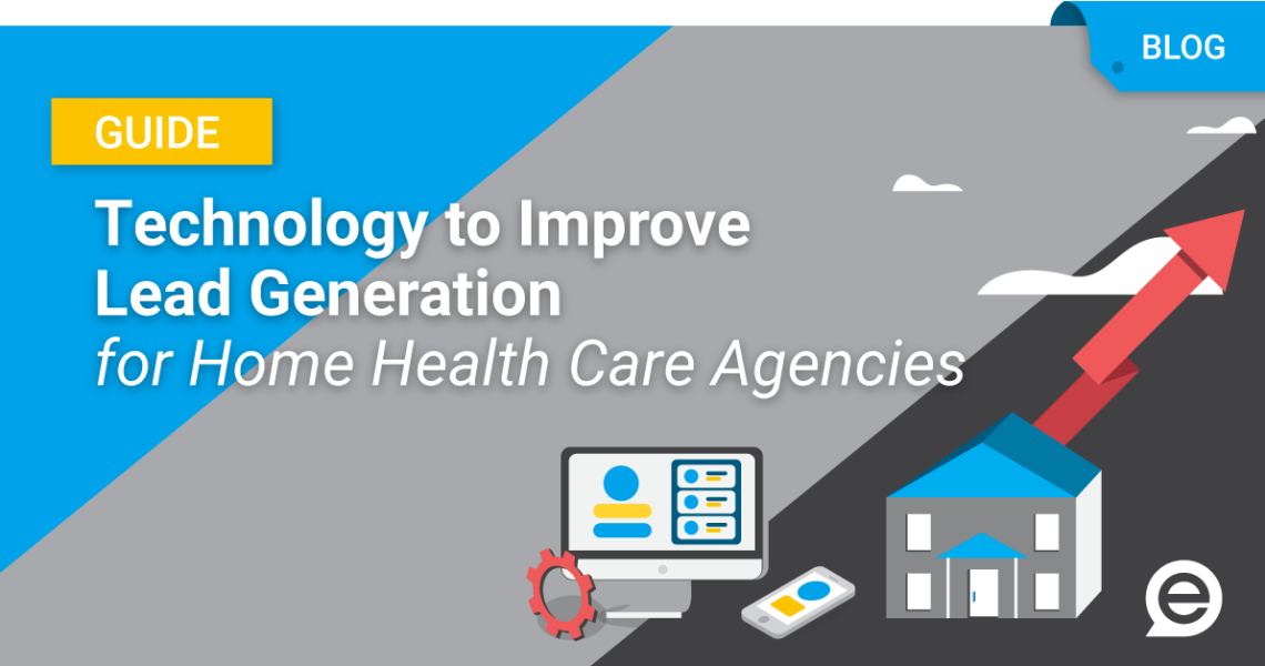 Technology to improve Lead Generation for Home Health Care Agencies image with desktop and smartphone technology and a house with an arrow rising upward